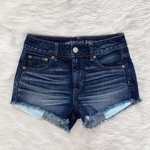 American Eagle Dark Wash Raw Hem High Waisted Hi-Rise Festival Jean Shorts